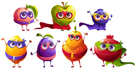 Funny fruit and berries superhero characters in mask and cape. Vector cartoon set of happy super hero mascots, cute apple, plum, pear, peach, blueberry, pomegranate, and lemon © klyaksun