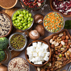 Variety of vegan, plant based protein food, legumes, lentils, beans