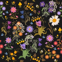 Adorable seamless floral ornament with meadow flowers, leaves, berries and small blue butterflies on a black background in vector. Vintage style. Print for fabric, wallpaper.