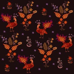 Fairytale seamless ornament with peacocks, flowers, leaves and butterflies in red, golden, purple, orange colors isolated on black background in vector. Print for fabric in Russian folk style.