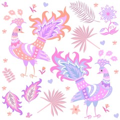 Animal seamless pattern with fabulous peacocks, flowers, tropical leaves, hearts in pink-orange-light purple colors on a white background in vector. Natural print for fabric in vintage style