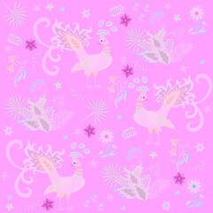 Pale pink pattern with fabulous peacocks, palm leaves and flowers. Delicate seamless background in vector. Romantic print for fabric.