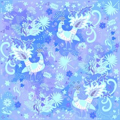Gentle seamless romantic pattern with flowers, leaves, butterflies, fairy peacocks in arctic blue, blue, cobalt, lapis, light purple and white colors in vector. Shawl, napkin, pillowcase, kerchief.