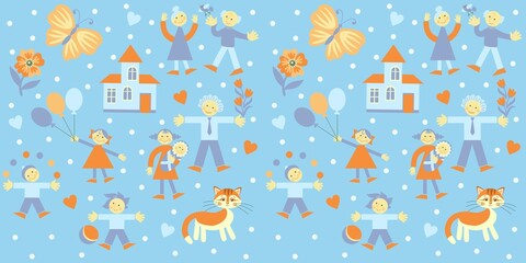 Vector seamless pattern with funny people, kittens, houses, butterflies, hearts, balloons on a blue background.