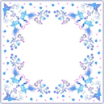 Delicate print for scarf, handkerchief, pillow in vintage style with peacocks, bouquets of flowers and decorative frame in pink and blue tones isolated on white background in vector. 