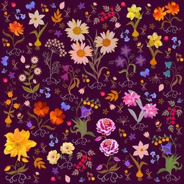 Beautiful floral ornament in vector. Seamless natural print with flowers, leaves, roots, berries, butterflies on a dark purple background. Botanical pattern.