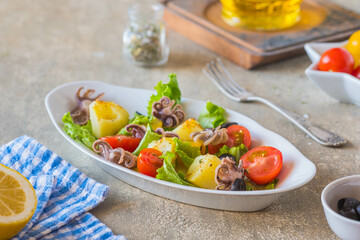 Potato salad with octopus, tomato and leaf lettuce on a gray oval plate on a gray concrete background. Mediterranean, Italian cuisine.
