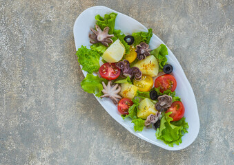 Potato salad with octopus, tomato and leaf lettuce on a gray oval plate on a gray concrete background. Mediterranean, Italian cuisine.