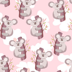 Fototapeta premium Seamless pattern with cute koala baby on color background. Funny australian animals. Card, postcards for kids. Flat vector illustration for fabric, textile, wallpaper, poster, paper