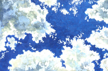 Fototapeta na wymiar Watercolor drawing, gouache. Cumulus clouds on the blue sky. Abstract background, nature, atmosphere. Summer day. 