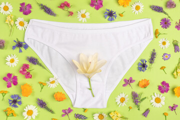 White panties and colorful flowers on green background, close up. Keep your vagina healthy and happy, Women health concept,. Top view Flat lay