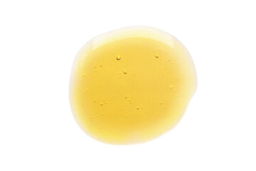 Golden yellow abstract oil bubbles or face serum drops isolated on white background. Oil bubbles...