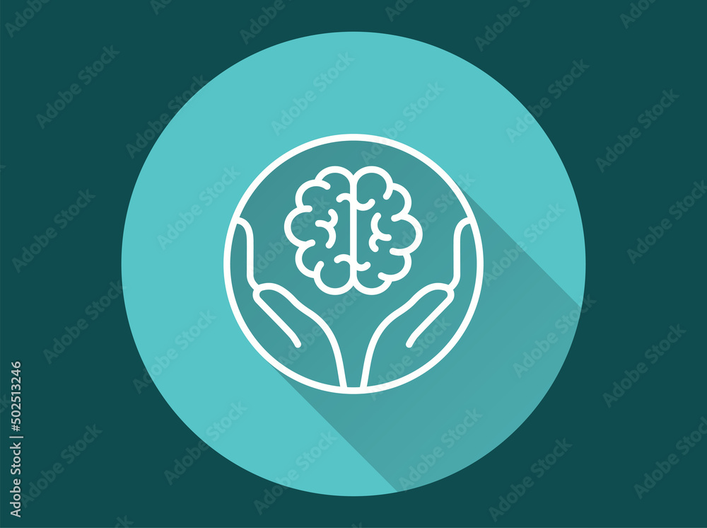 Poster hands holding brain icon with long shadow for graphic and web design.