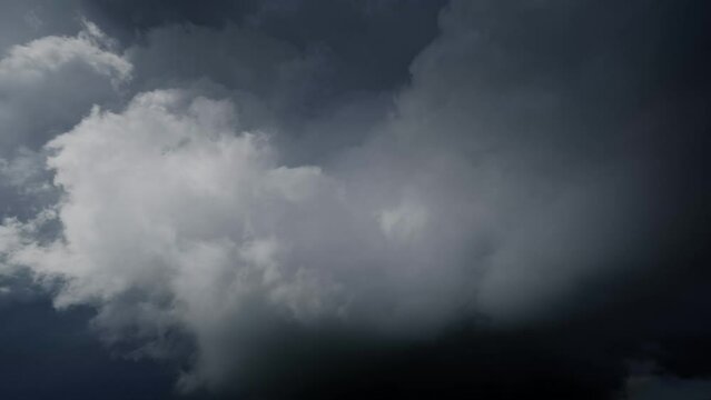 Lot of lightning during a thunderstorm. Storm clouds are moving fast on the viewer, timelapse 4k