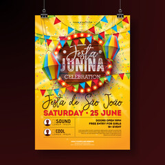 Festa Junina Party Flyer Illustration with Paper Lantern and Retro Light Bulb Billboard with Wood Texture Background. Vector Brazil June Sao Joao Festival Design for Invitation or Holiday Celebration
