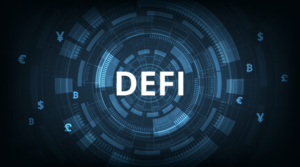 Decentralized Finance(DeFi) on dark blue background.Concept of cryptocurrency, blockchain and digital asset. Futuristic  decentralized financial system. 