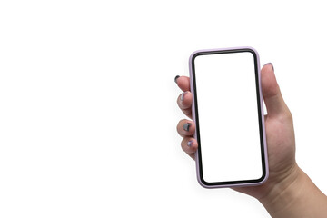 Mock up image of woman hand holding mobile phone isolated on white background. Empty screen for graphics display montage.