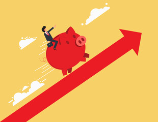 Businessman riding a piggy bank on an arrow. business profit concept.