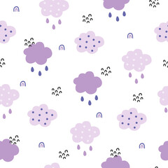 Cute baby seamless pattern with purple clouds and raindrops on white background. Doodle vector illustration