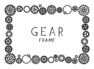 Black frame made of openwork gears and cogwheels of different sizes on a white background with place for text. Vintage border. Steampunk. Vector design template for banner, poster, flyer and postcard