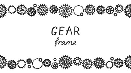 Seamless border made of black openwork gears and cogwheels of different sizes on a white background with place for text. Vintage frame. Steampunk. Vector design template for banner, poster and flyer