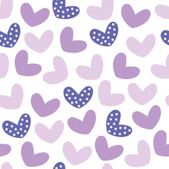 Seamless vector pattern of cute hand drawn simple hearts purple color. Style doodle illustration