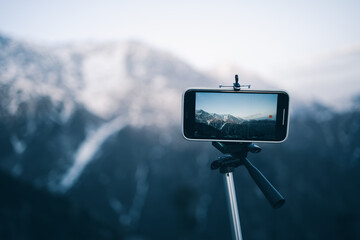 Smartphone in the mountains recording timelapse, Himachal Pradesh, India