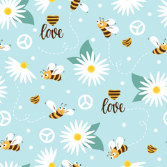 Daisy and bee seamless pattern. Vector Flowers and cartoon bees, hearts on a blue background. 