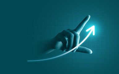 Hand pointing growth arrow success business target background of up icon direction development...