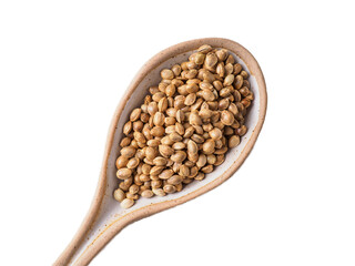 Hemp seeds in the spoon on white background.