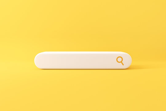 Minimal search or magnifying glass in blank search bar on yellow background, 3d render, copy space.