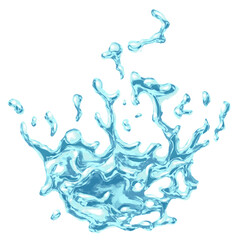 Blue water wave splash with drops isolated on white background. Clean aqua, fresh and natural water, liquid falling splash, swirl with splatters and drops. 3D illustration