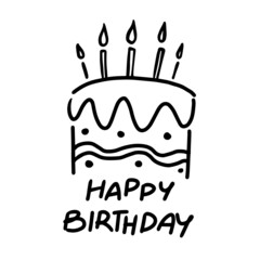 Draw freehand style birthday cake, black graphics on white background.