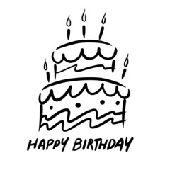Draw freehand style birthday cake, black graphics on white background.