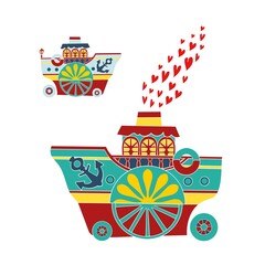Hand-drawn steamboat with hearts instead of steam from the chimney. In cartoon style on a white background illustration for Valentines Day.