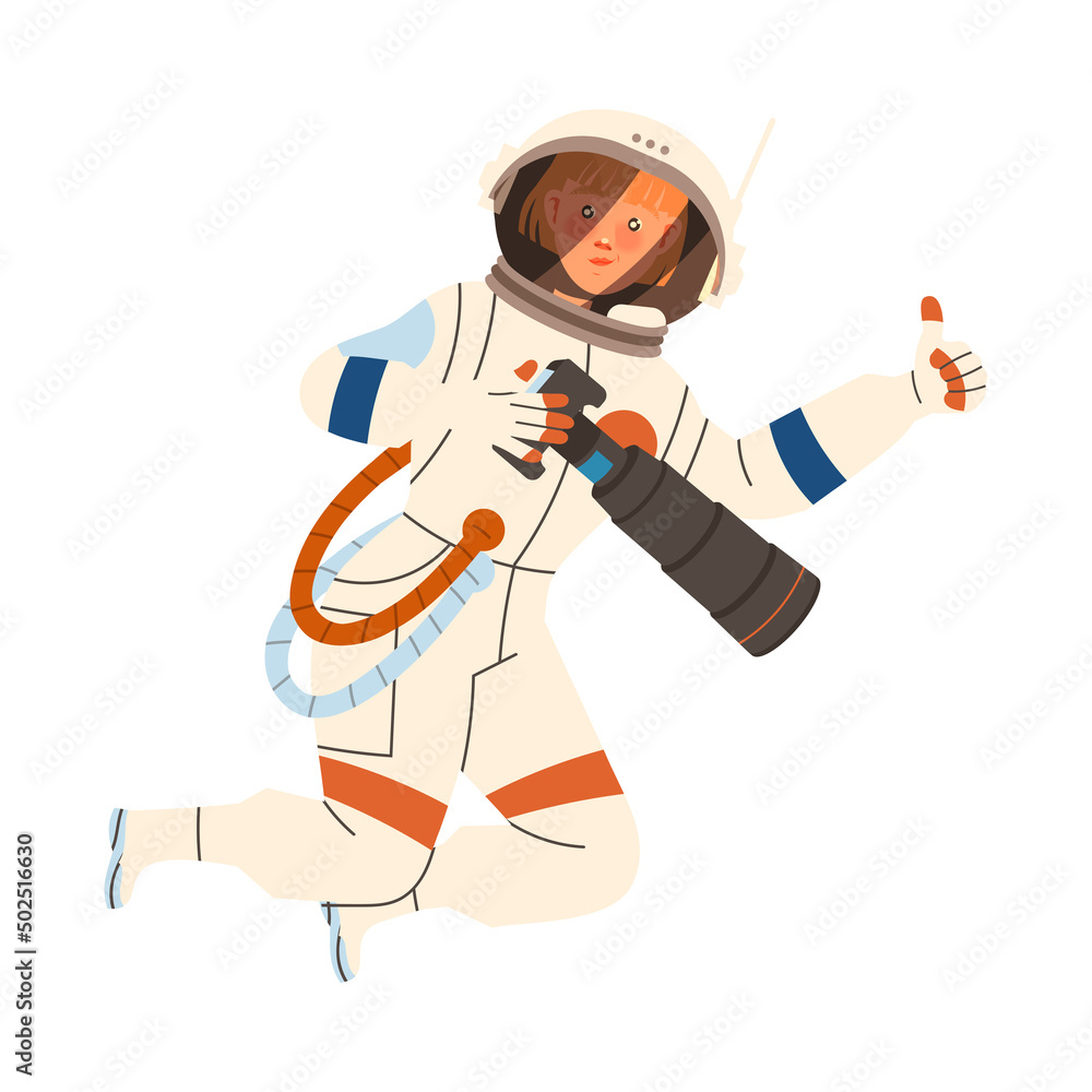Poster woman astronaut character in outer space in spacesuit with telescope flying in the air showing thumb