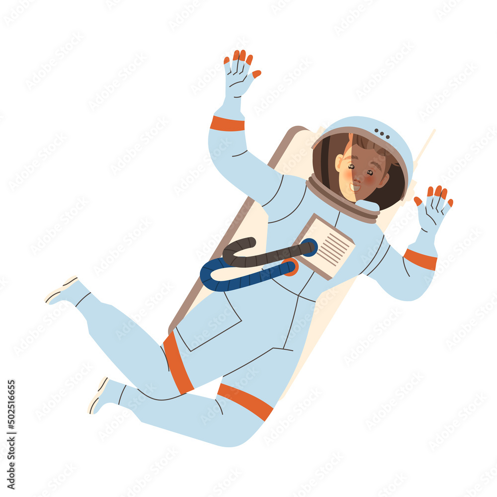 Aufkleber man astronaut character in outer space in spacesuit flying in the air vector illustration