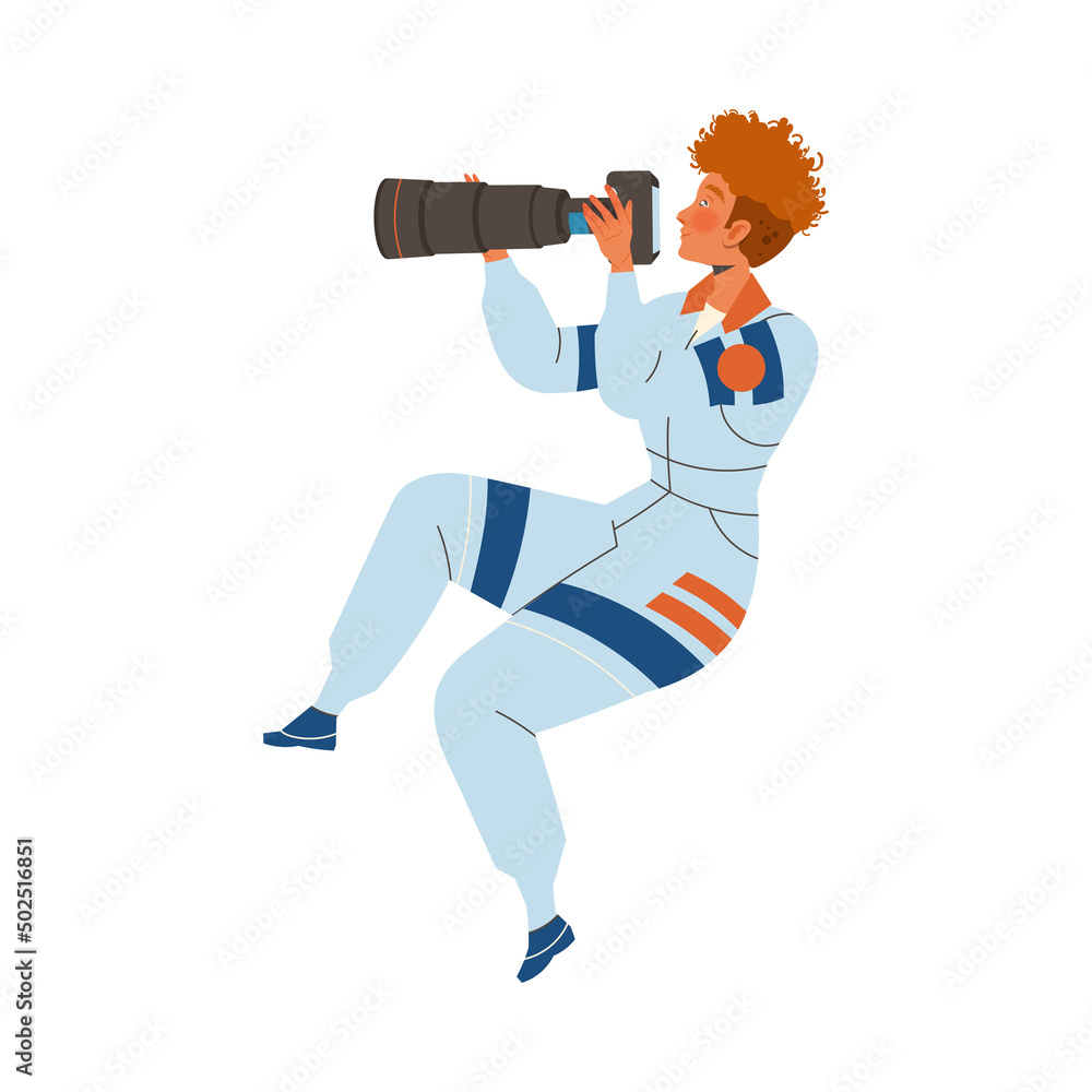 Poster man astronaut character in outer space flying in the air looking in telescope vector illustration