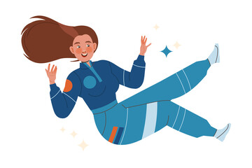 Happy Woman Astronaut Character in Space Flying in the Air Vector Illustration