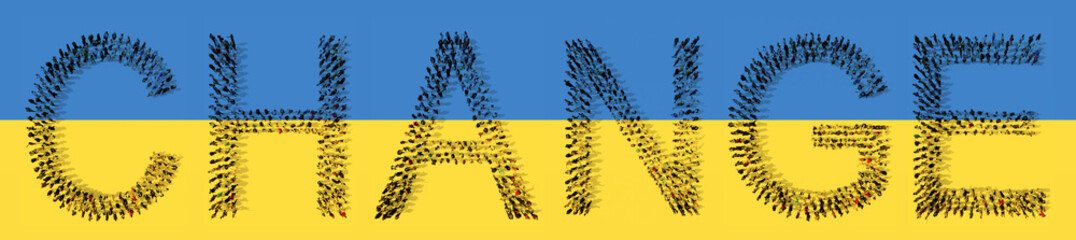 Fototapeta Concept or conceptual large community of people forming the  CHANGE message on Ukrainian flag.  3d illustration metaphor to protest, peace, freedom, help, empathy, determination and resilience obraz