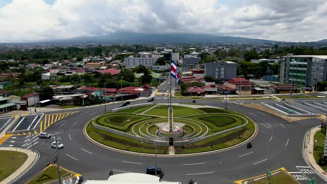 Beautiful cinematic aerial footage of the new Flag roundabout in Costa Rica, Rotonda de la bandera, un San Jos&eacute;