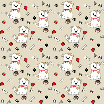 drawing of cute white dog pattern with red heart balloon , food , bone and toy on beige background