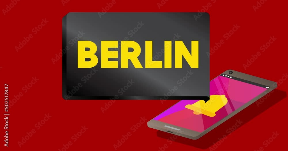 Poster berlin text on notification bubble from portable information device screen. mobile app message, conn