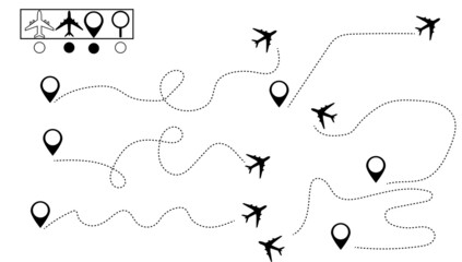 Plane route set. Travel plane tracking, map pin, location pin. Vector illustration.