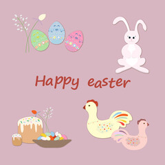 Vector Illustration of Happy Easter Holiday with Eggs, Rabbit, Chickens and Flower on Yelloy Background. International Celebration Design with Typography for Greeting Card
