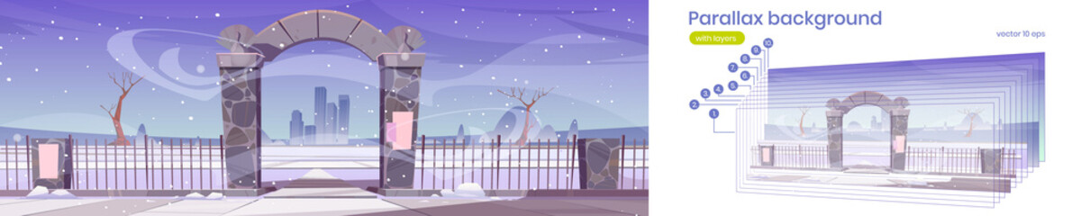 Parallax background 2d winter landscape with stone arch gate. Entrance to public park or garden, snow, bare trees and city buildings on skyline, separated layers for game animation Vector illustration