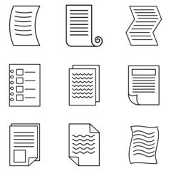 set of black line icons Note paper symbols for writing down study information.