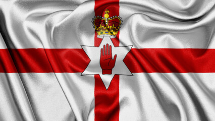 Close up realistic texture fabric textile silk satin flag of Northern Ireland waving fluttering background. National symbol of the country. 17th of March, Happy Day concept
