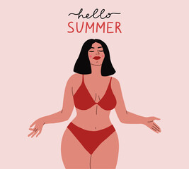 Body positive woman wearing swimsuit. Hello summer lettering. Cute summer print. Vector illustration