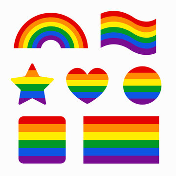 LGBT rainbow flag set. Gay pride month symbols set. Heart, rainbow, star etc. Stickers for pride month celebration. Vector illustration